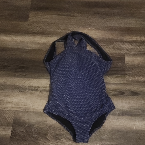 Shoshanna Navy & Silver High Neck Cross Back One-Piece Swimsuit Size 4 - Picture 4 of 6